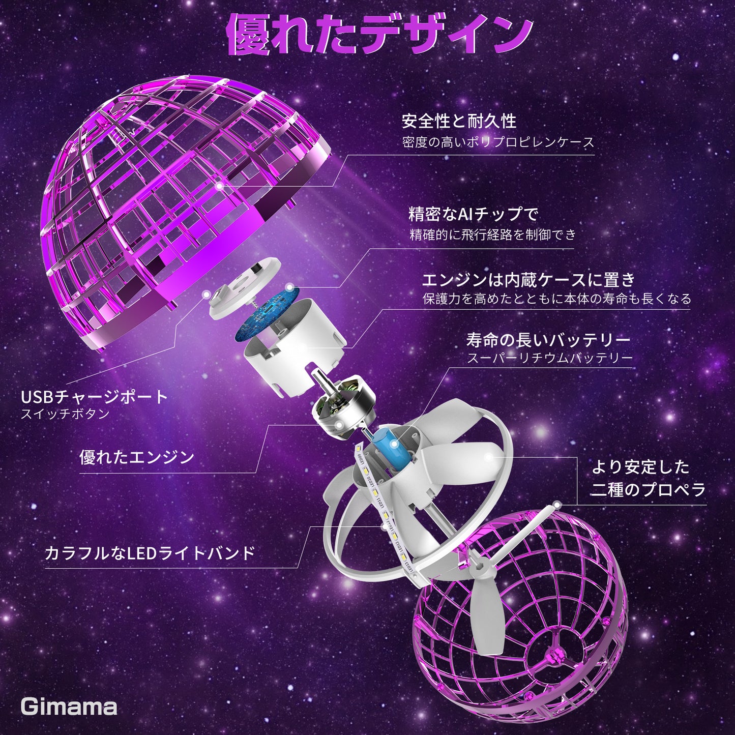 Gimamaフライングボール ジャイロ 飛行ボールトイ UFOおもちゃ ブーメランスピナー LEDライト付き クリスマス人気プレゼント(パープル)