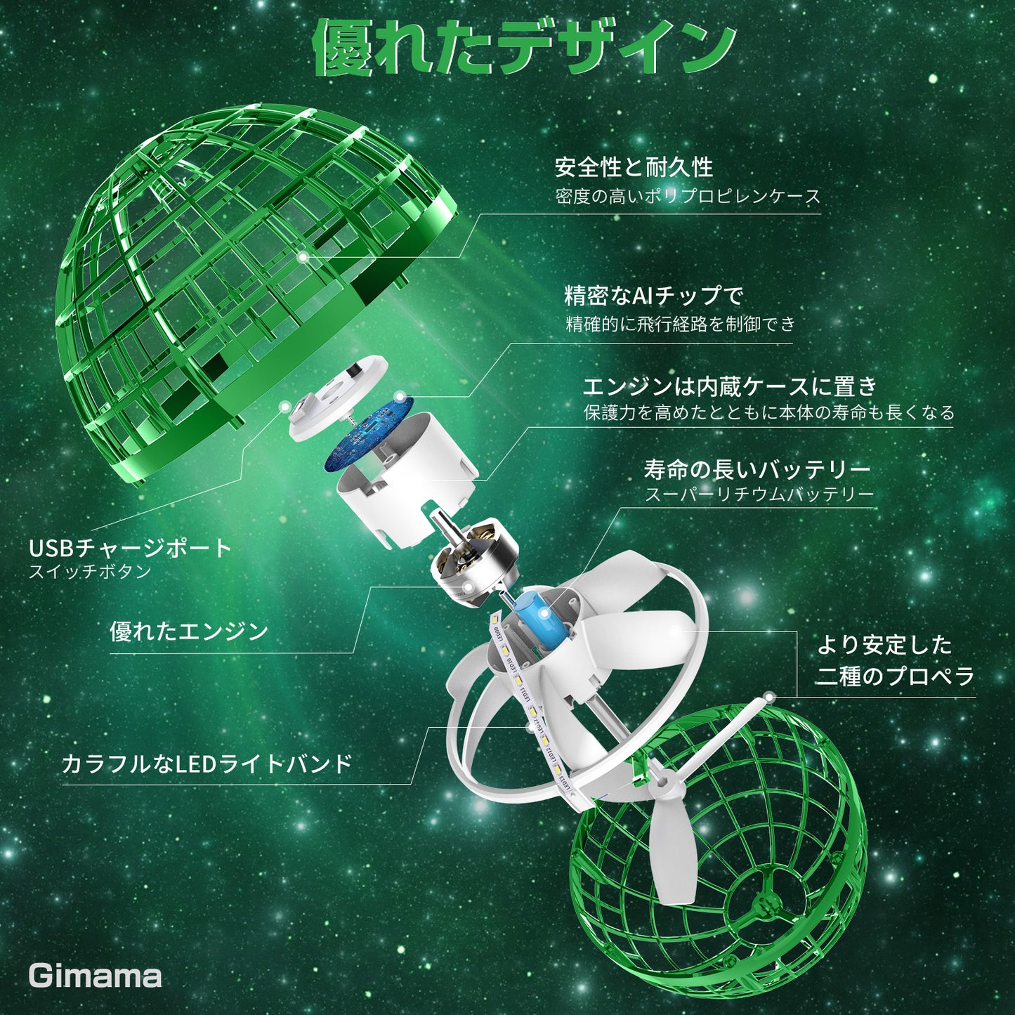 Gimamaフライングボール ジャイロ 飛行ボールトイ UFOおもちゃ ブーメランスピナー LEDライト付き クリスマス 人気を集めているプレゼント (グリーン)